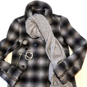 Vintage Gap checkered Wool Pea Coat Black Grey XS Plaid Double Breasted